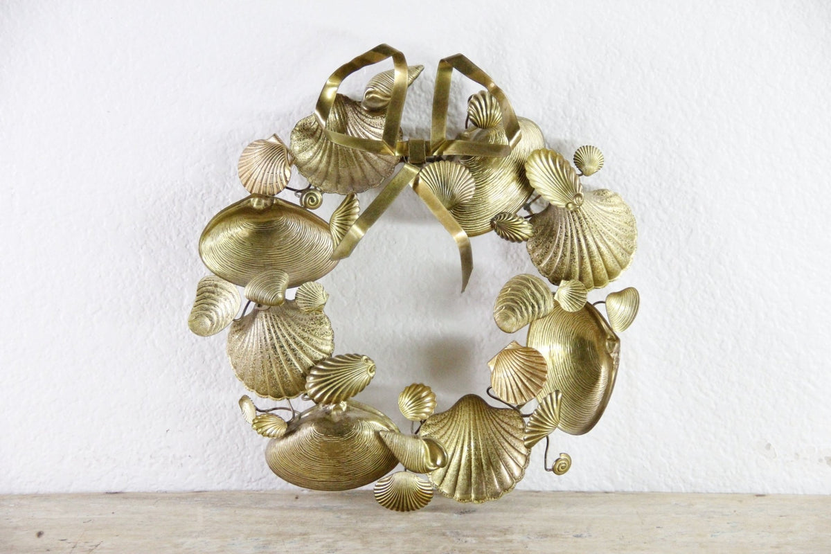 Vintage Brass Seashell Wreath Petites Choses Style Coastal Wall Decor - Debra Hall Lifestyle