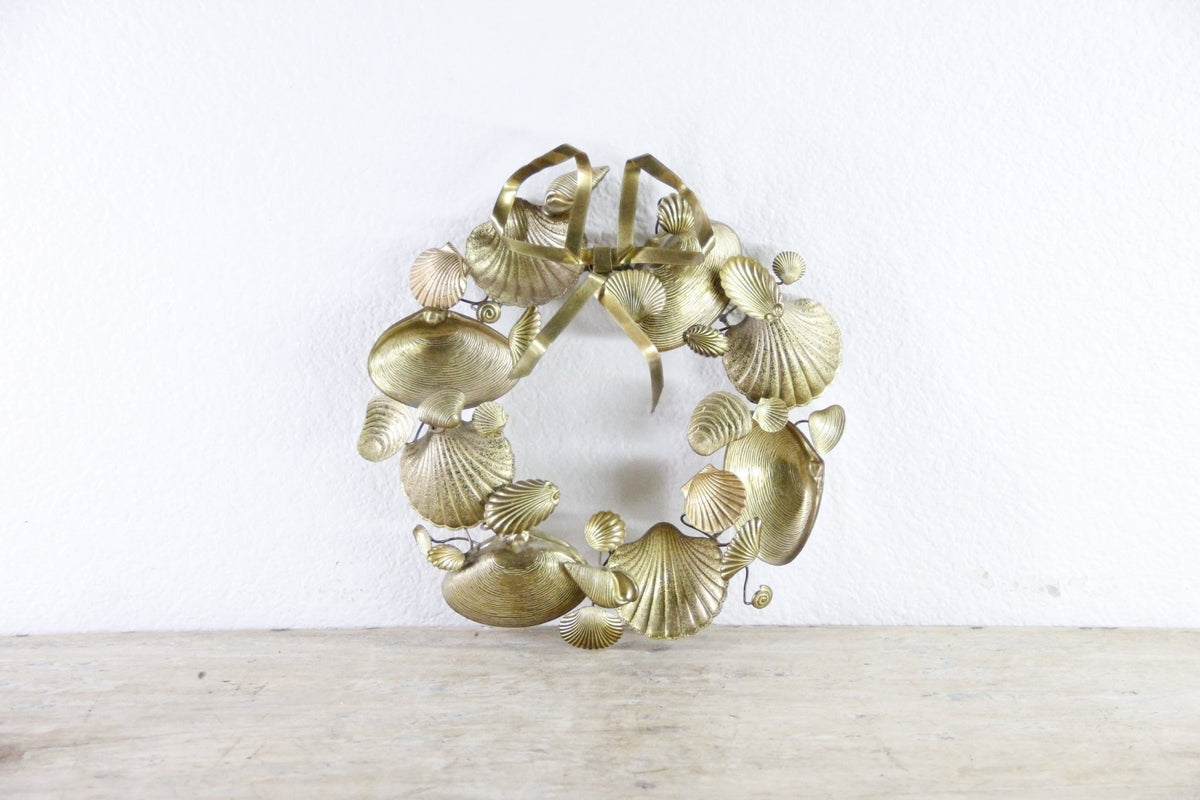 Vintage Brass Seashell Wreath Petites Choses Style Coastal Wall Decor - Debra Hall Lifestyle