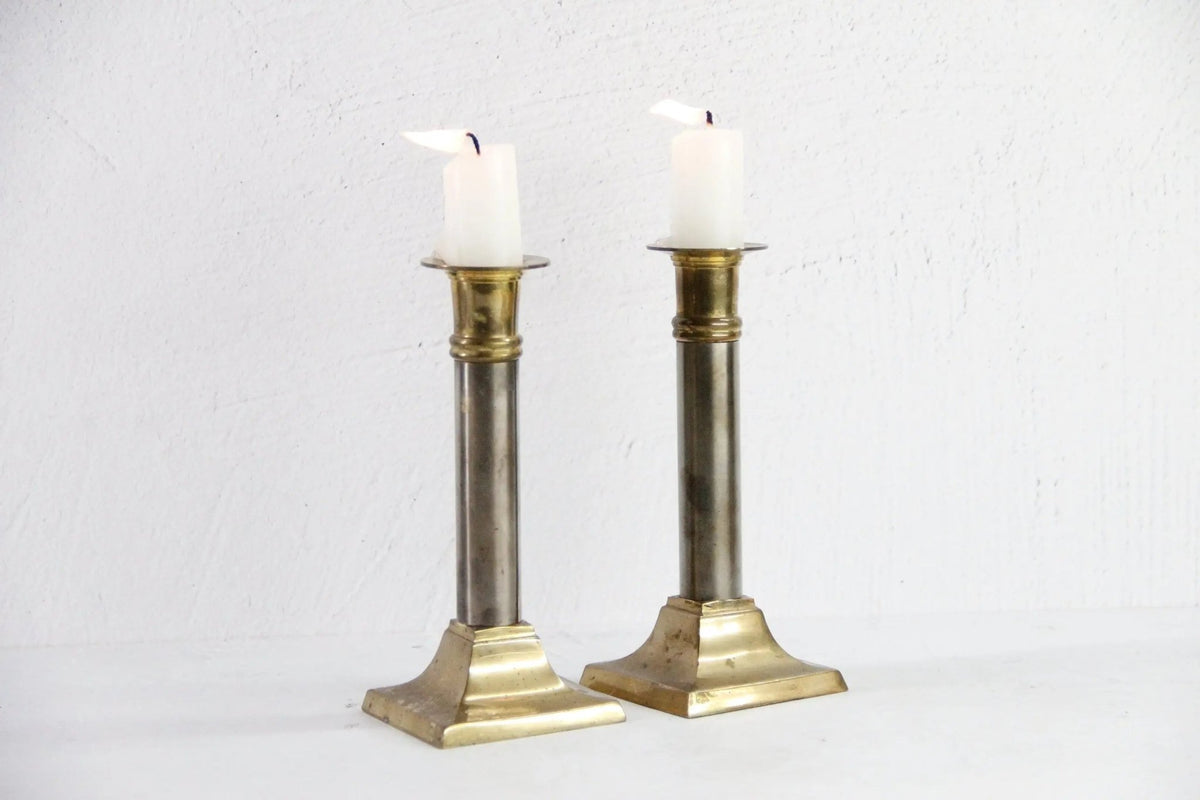 Vintage Brass Taper Candle Holders Set | Chrome Brass - Debra Hall Lifestyle