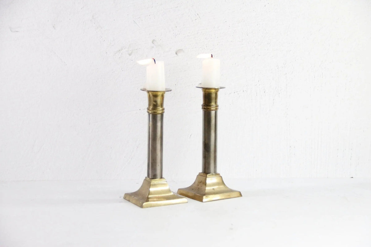 Vintage Brass Taper Candle Holders Set | Chrome Brass - Debra Hall Lifestyle