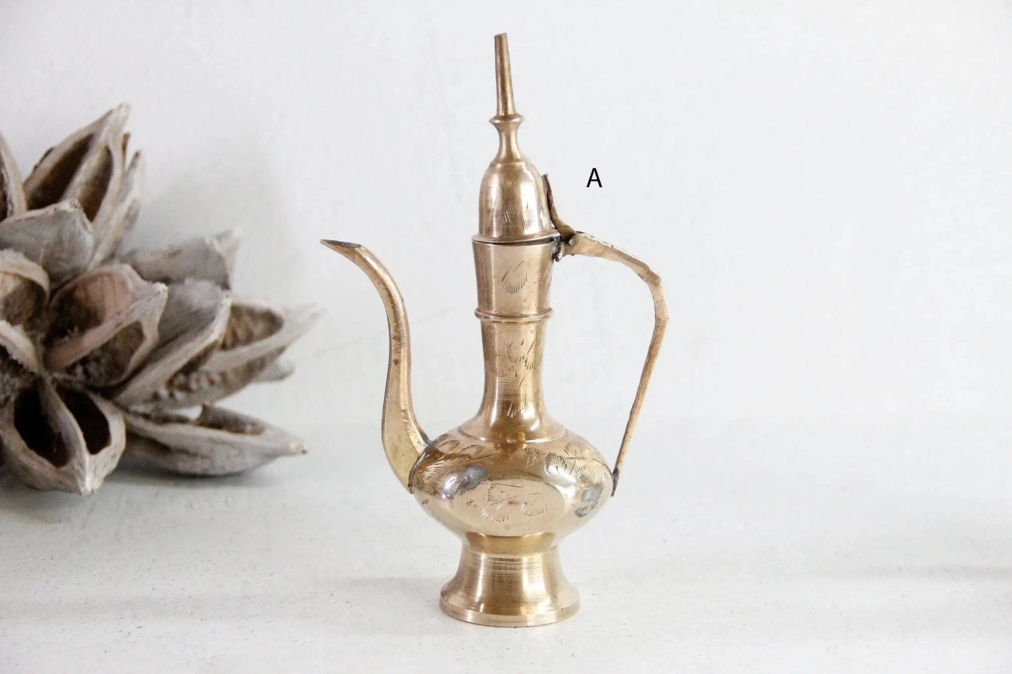Vintage Brass Teapot India | Etched Handmade Dallah 1960s - Debra Hall Lifestyle