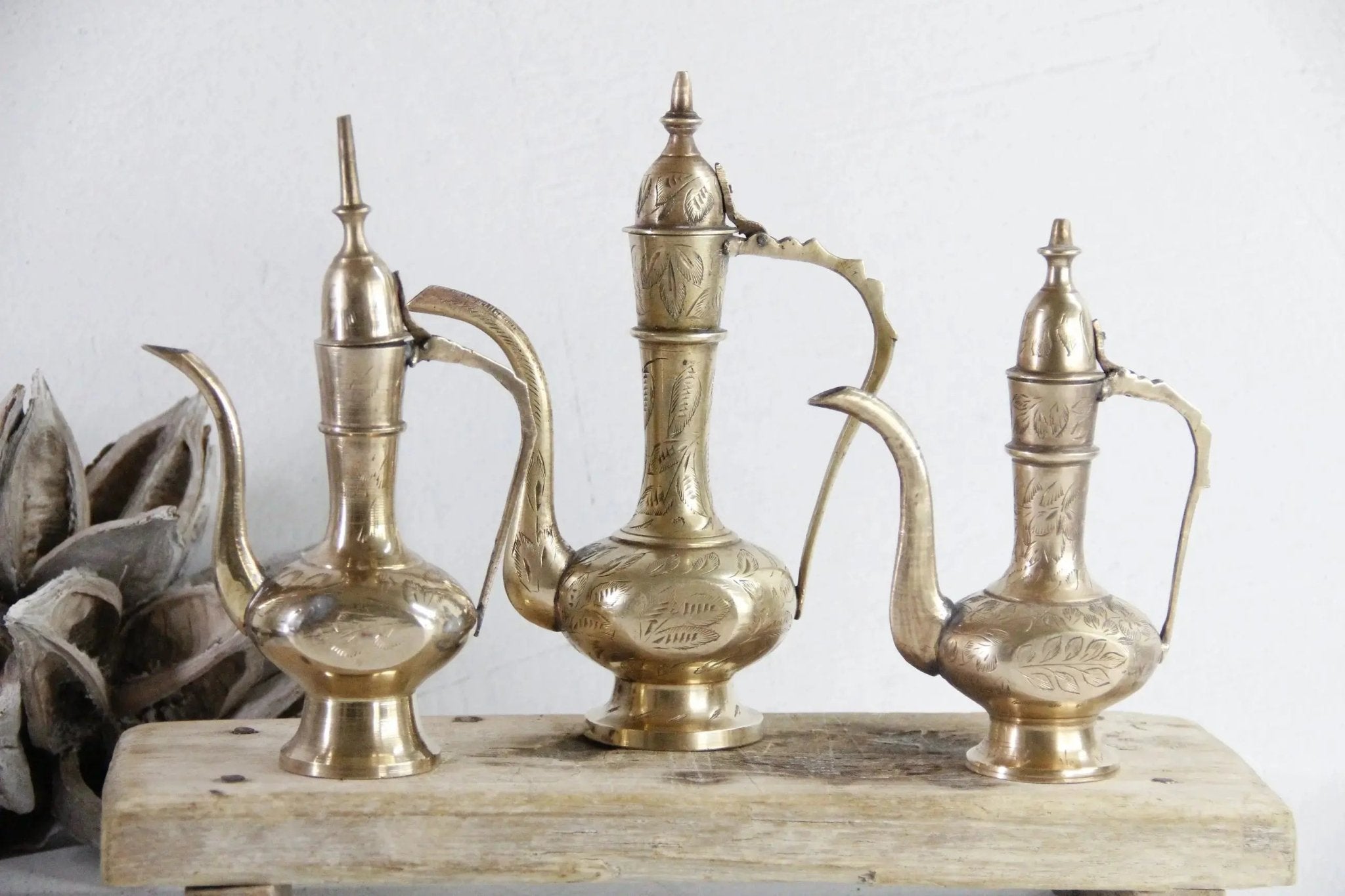 Vintage Brass Teapot India | Etched Handmade Dallah 1960s - Debra Hall Lifestyle