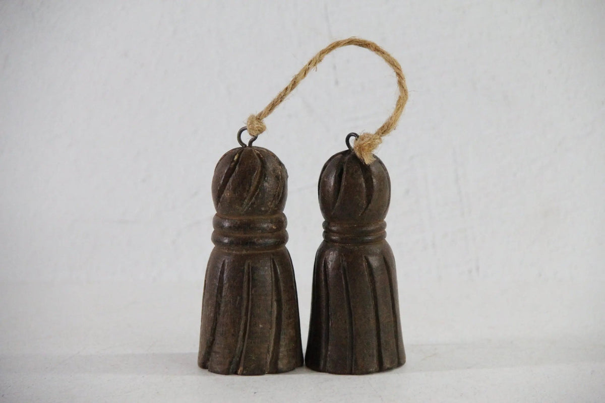 Vintage Carved Wooden Tassel Pair | Loop Hanger with Jute - Debra Hall Lifestyle