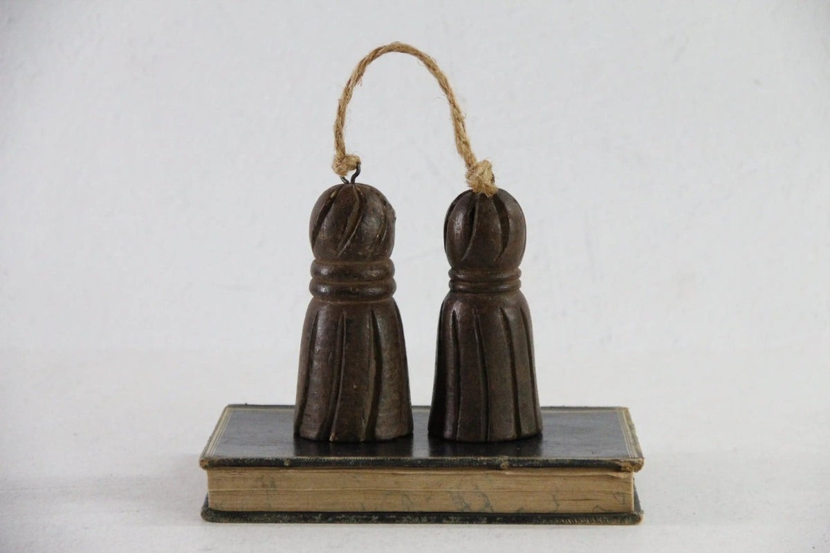 Vintage Carved Wooden Tassel Pair | Loop Hanger with Jute - Debra Hall Lifestyle