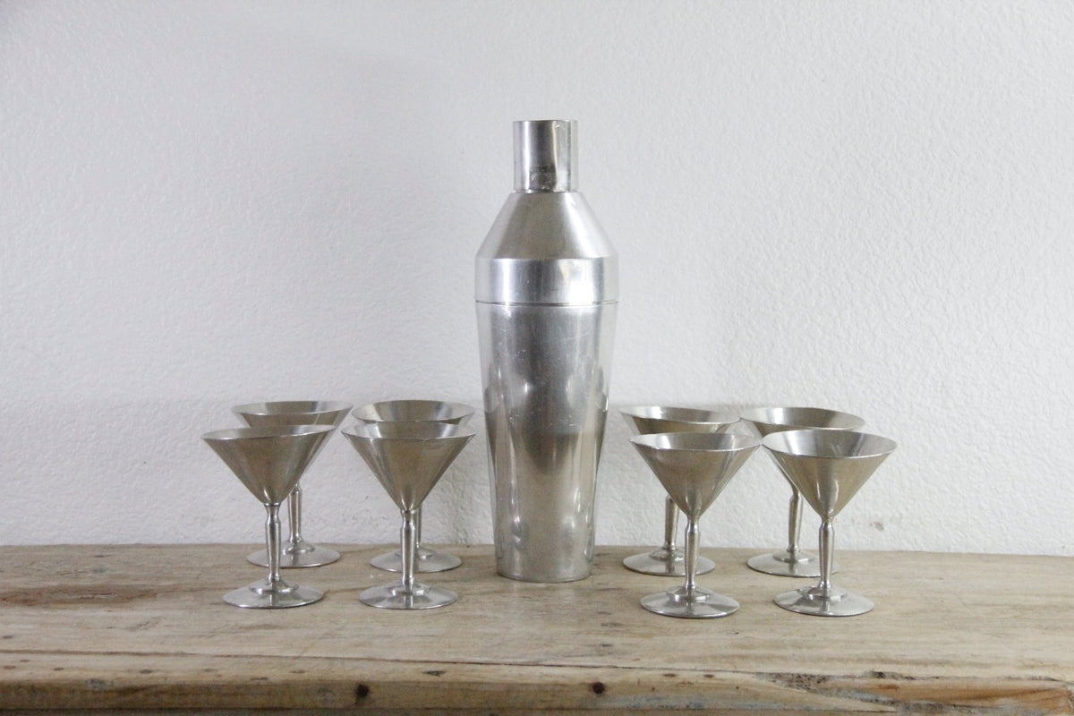 Vintage Cocktail Shaker Set Aluminum with 8 Martini Glasses - Debra Hall Lifestyle