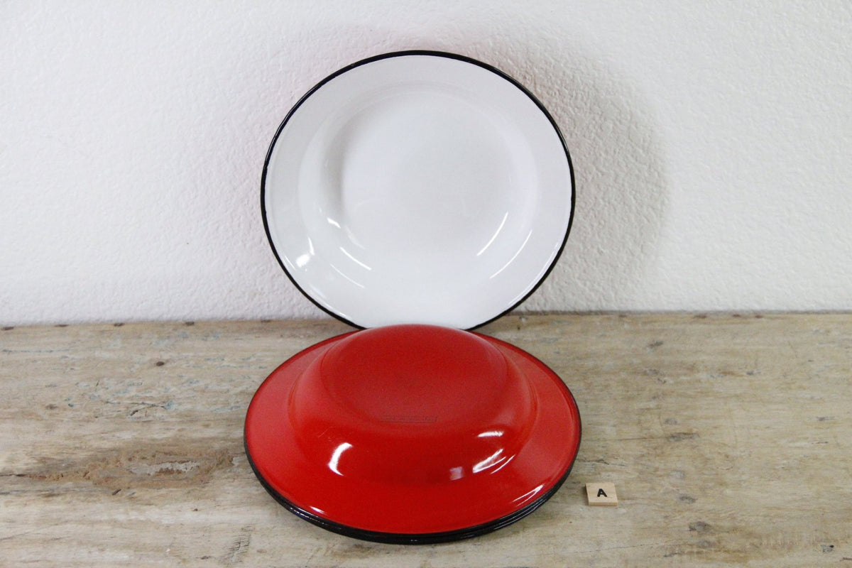 Vintage Enamel Bowls Pair Polish Midcentury Shallow Soup Bowls - Debra Hall Lifestyle