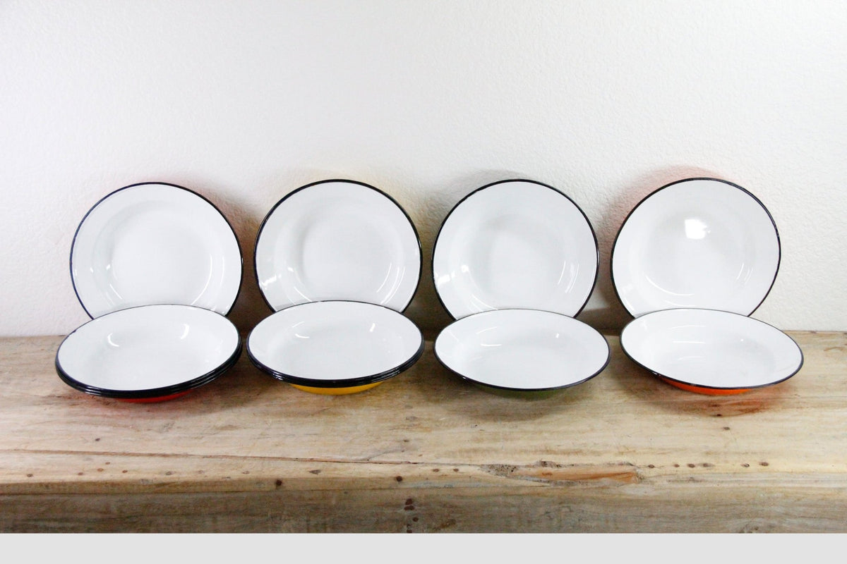 Vintage Enamel Bowls Pair Polish Midcentury Shallow Soup Bowls - Debra Hall Lifestyle