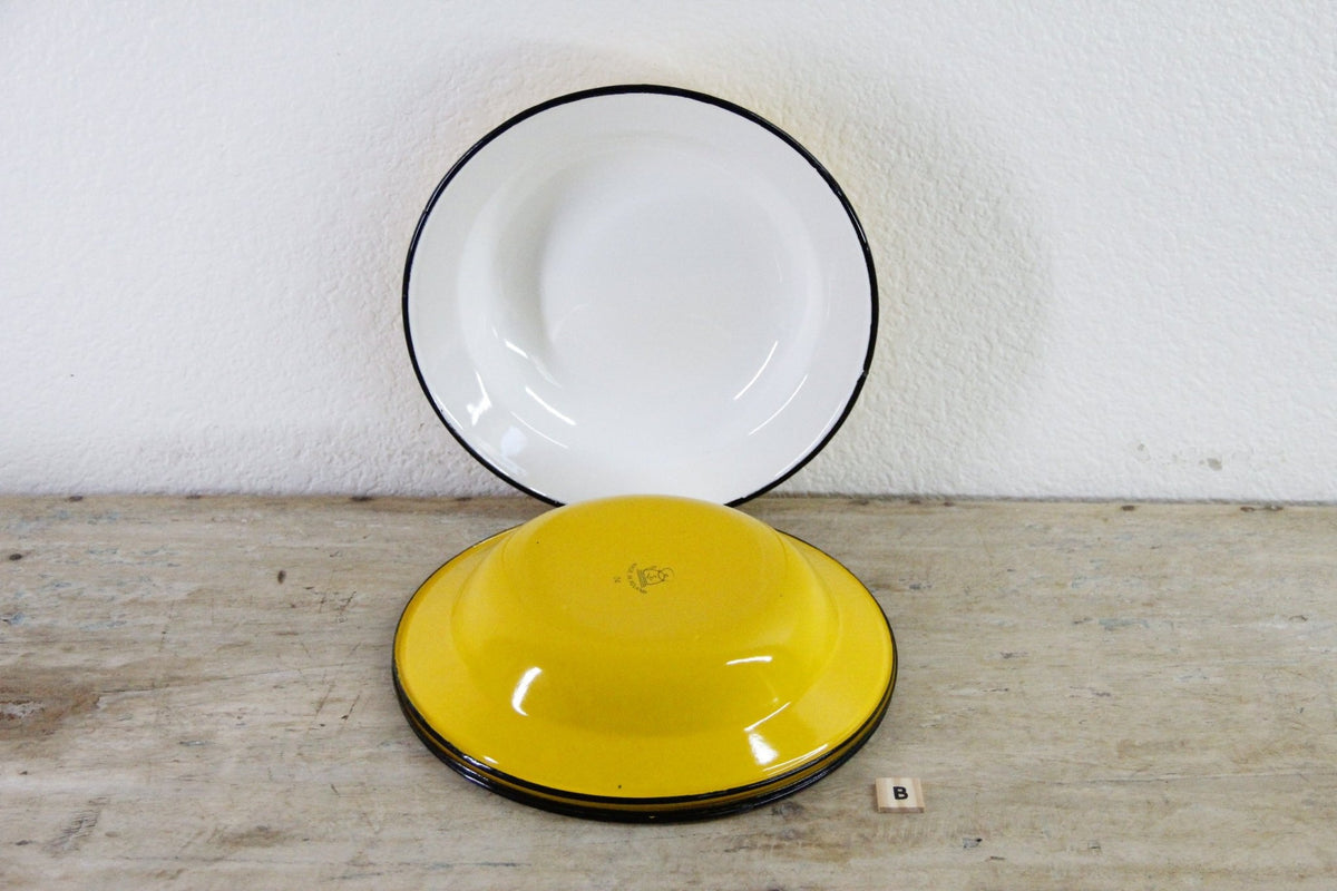Vintage Enamel Bowls Pair Polish Midcentury Shallow Soup Bowls - Debra Hall Lifestyle