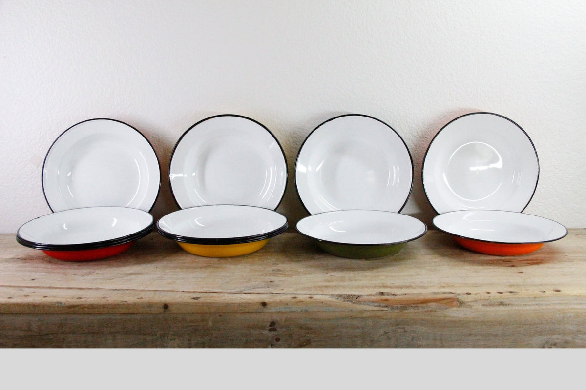 Vintage Enamel Bowls Pair Polish Midcentury Shallow Soup Bowls - Debra Hall Lifestyle