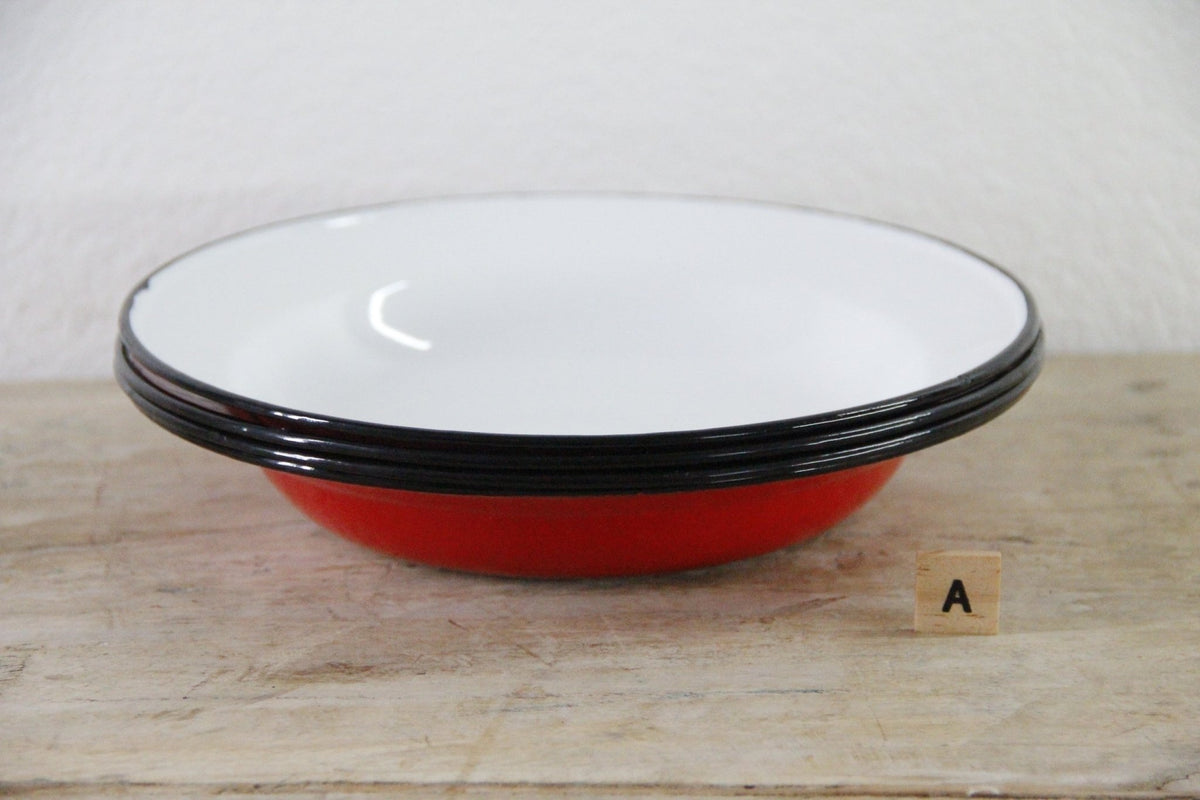 Vintage Enamel Bowls Pair Polish Midcentury Shallow Soup Bowls - Debra Hall Lifestyle