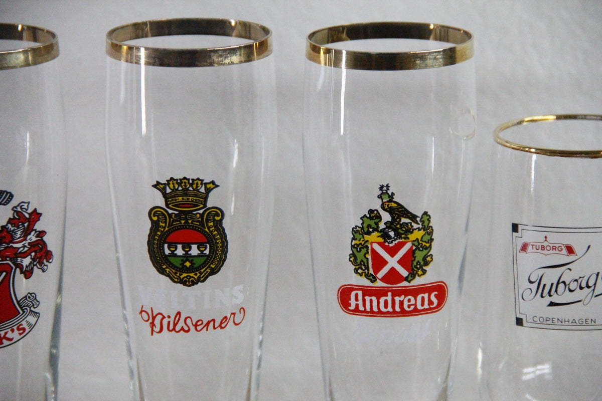 Vintage European Beer Glasses Set of 7 Gold Rim Pilsners - Debra Hall Lifestyle