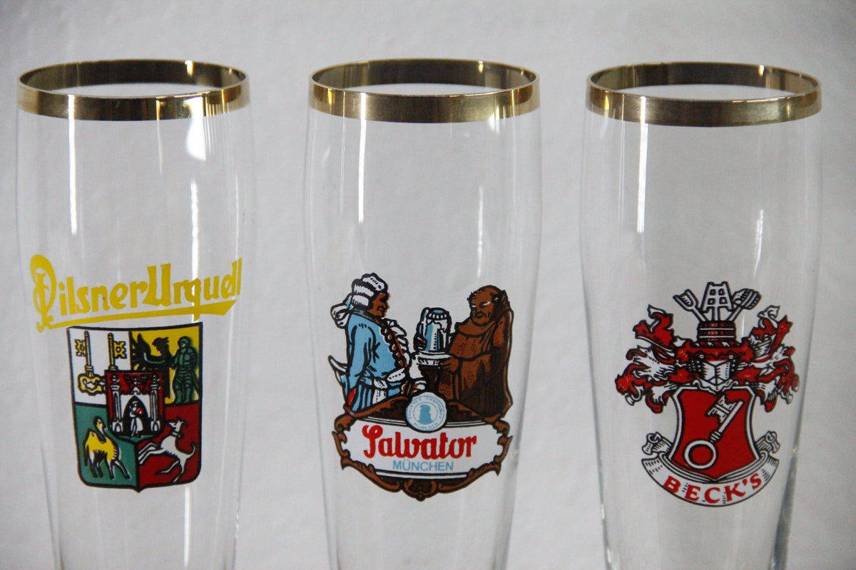 Vintage European Beer Glasses Set of 7 Gold Rim Pilsners - Debra Hall Lifestyle
