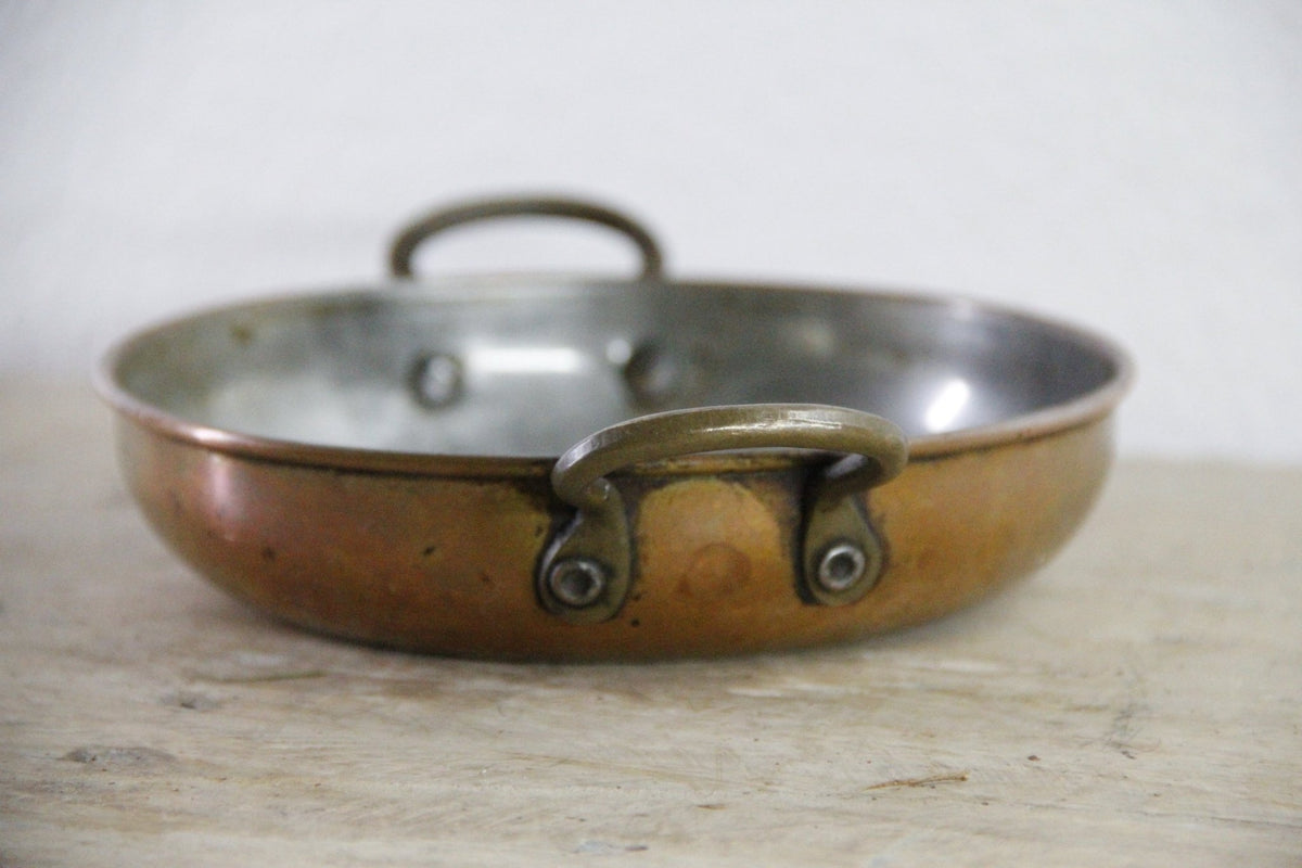 Vintage European Copper Gratin Pan Tin Lined Brass Handles - Debra Hall Lifestyle