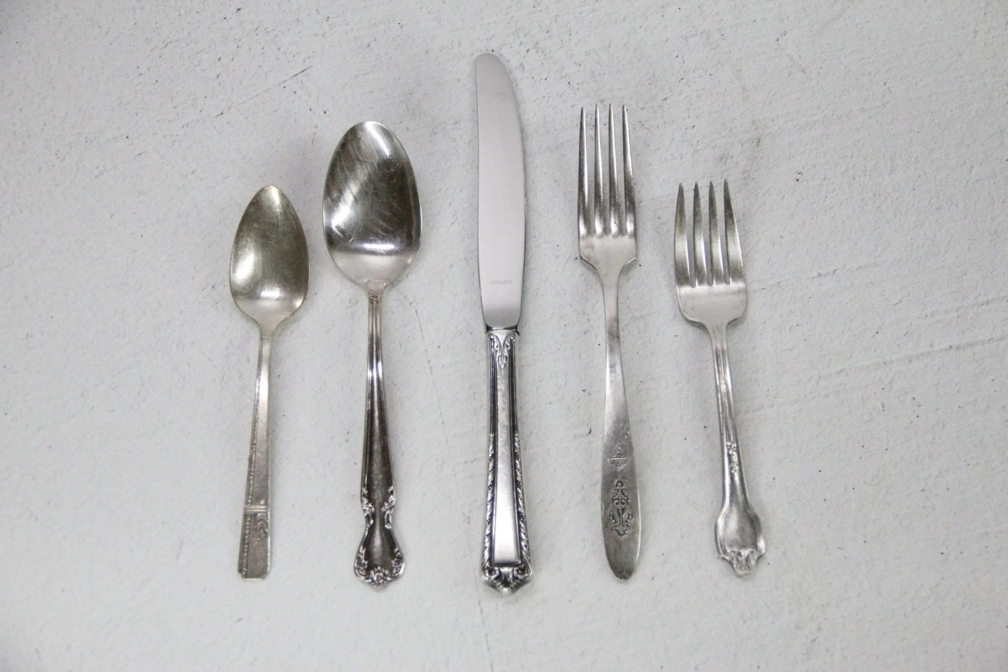 Vintage Flatware Set | Mixed Pattern 5 Piece Place Setting  - Debra Hall Lifestyle