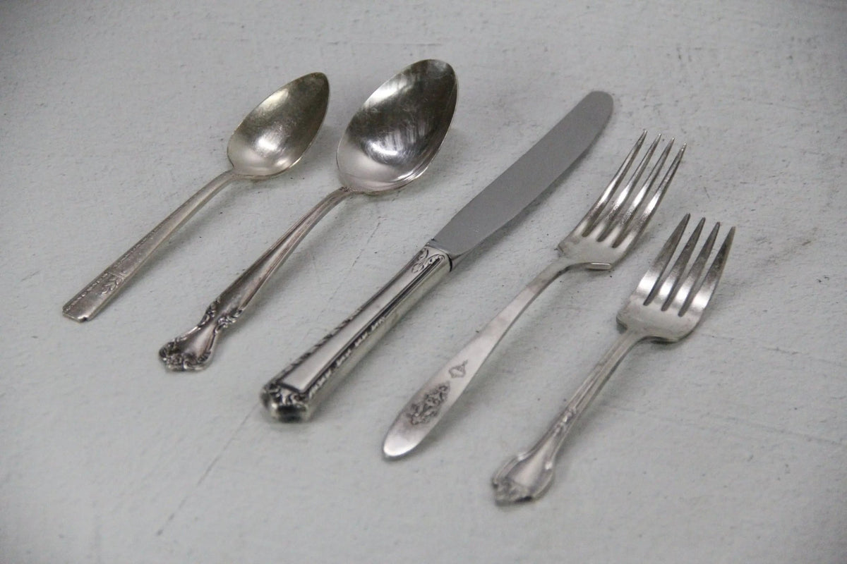 Vintage Flatware Set | Mixed Pattern 5 Piece Place Setting  - Debra Hall Lifestyle