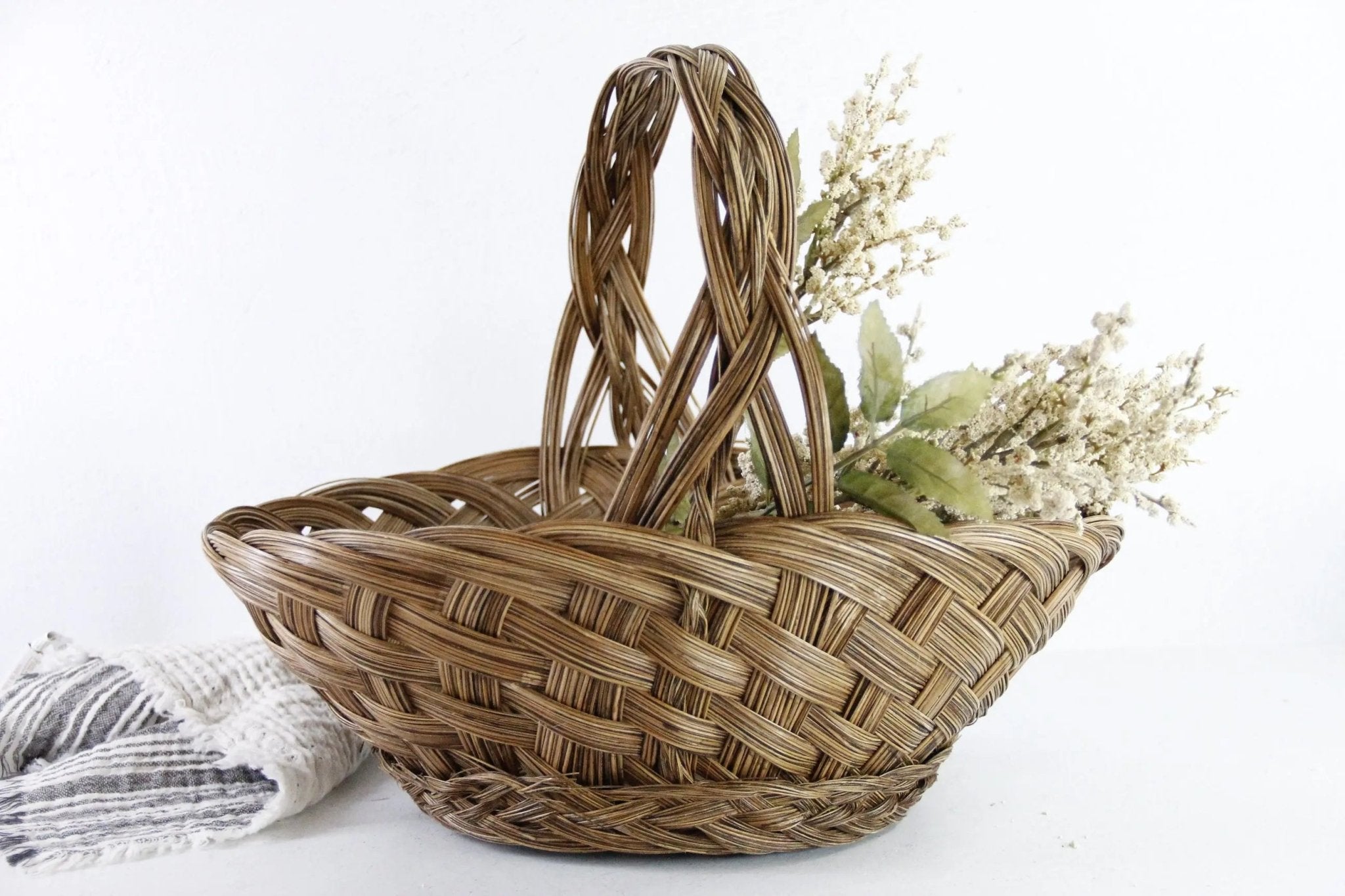 Vintage Flower Basket | Woven Wicker Gathering With Handle - Debra Hall Lifestyle