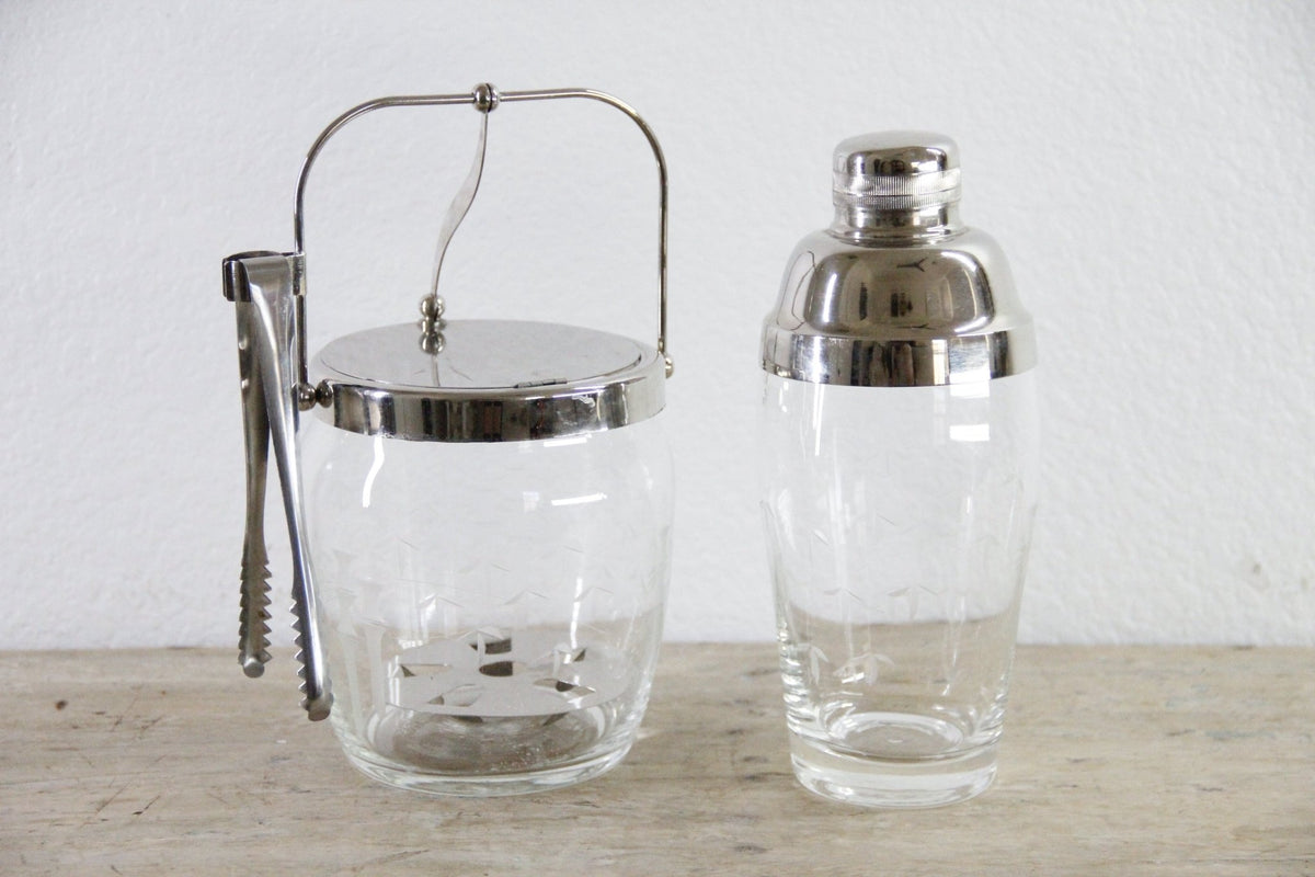 Vintage Glass Barware Bamboo Etched Ice Bucket Cocktail Shaker - Debra Hall Lifestyle
