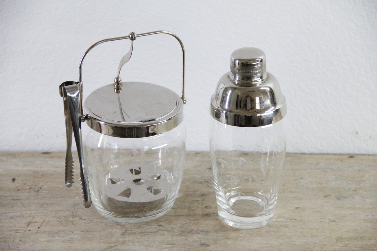 Vintage Glass Barware Bamboo Etched Ice Bucket Cocktail Shaker - Debra Hall Lifestyle