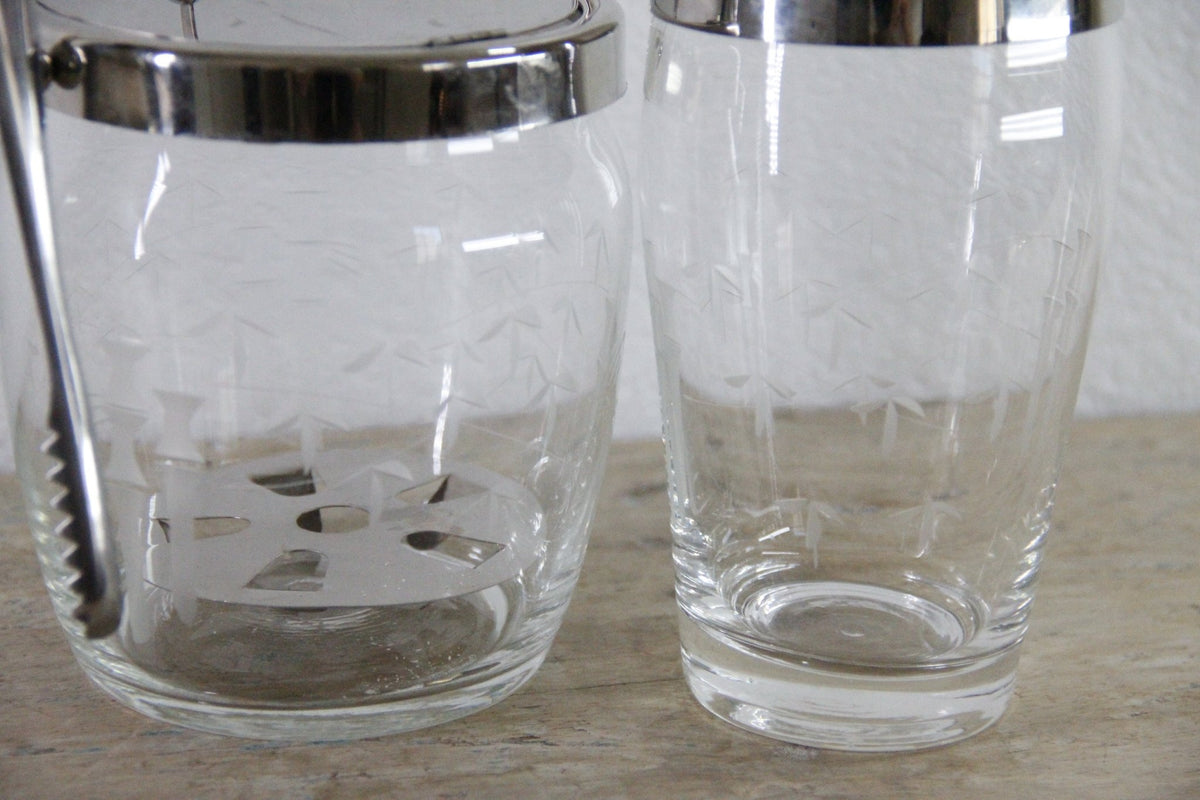 Vintage Glass Barware Bamboo Etched Ice Bucket Cocktail Shaker - Debra Hall Lifestyle