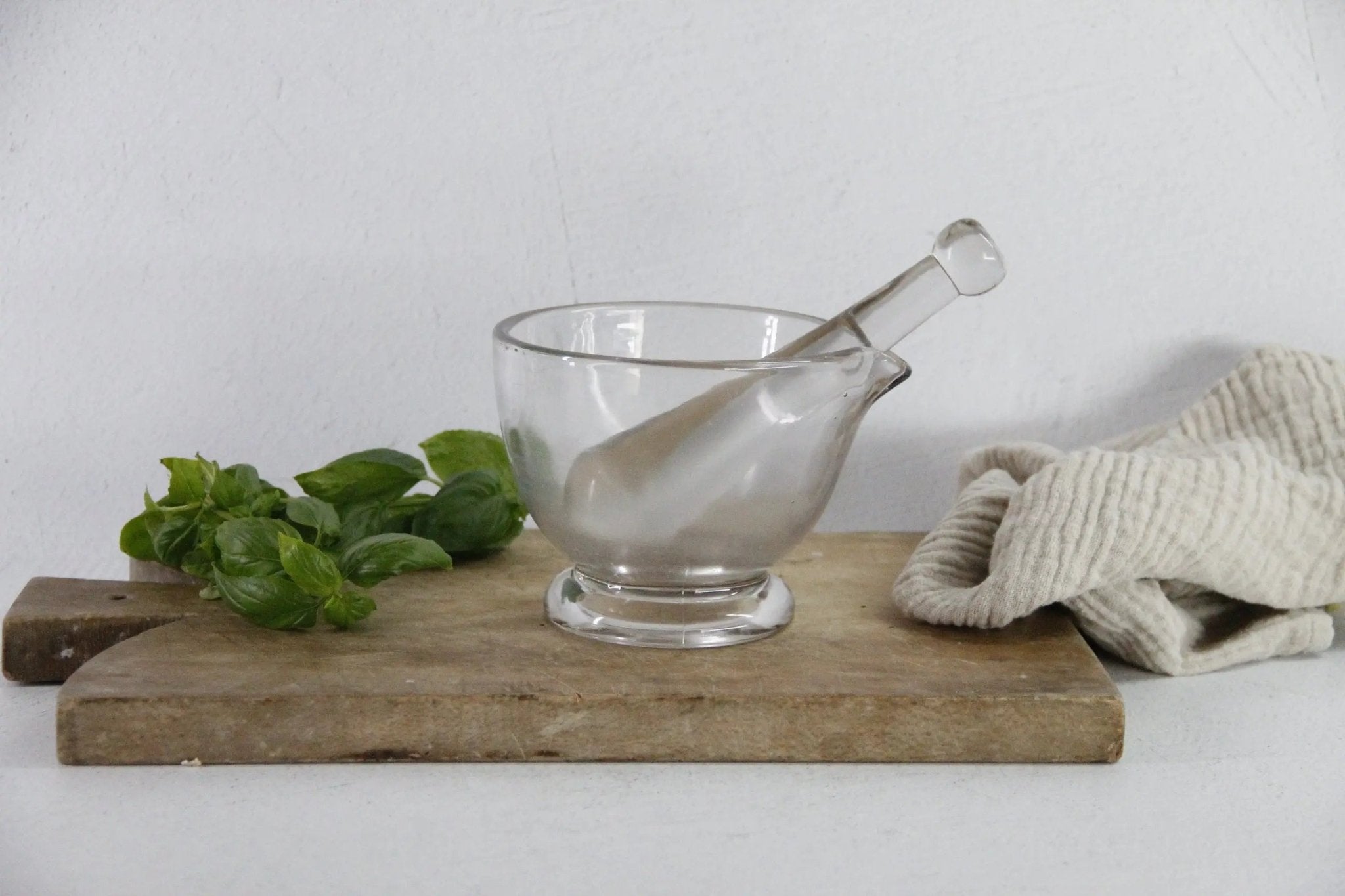 Vintage Glass Mortar and Pestle 16 OZ| Clear Bubbled Glass Set - Debra Hall Lifestyle