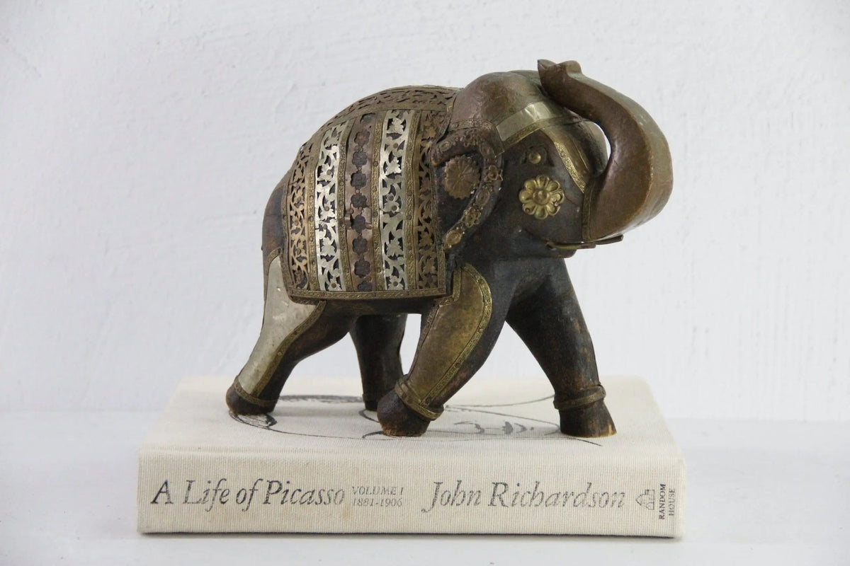 Vintage Hand Carved Wooden Elephant | Figurine Copper-Brass - Debra Hall Lifestyle