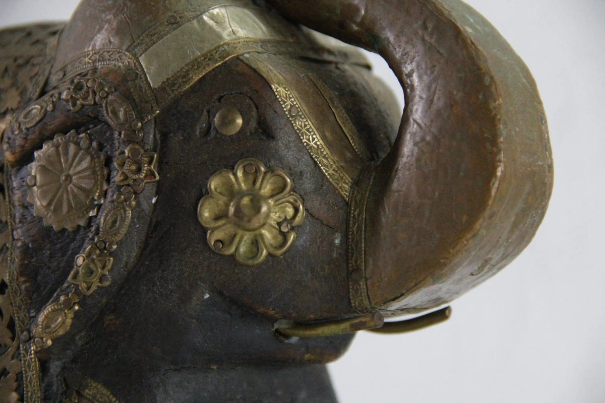 Vintage Hand Carved Wooden Elephant | Figurine Copper-Brass - Debra Hall Lifestyle