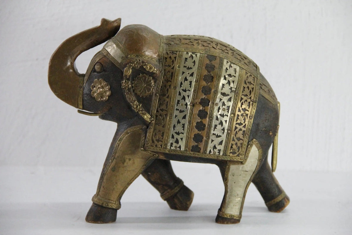 Vintage Hand Carved Wooden Elephant | Figurine Copper-Brass - Debra Hall Lifestyle