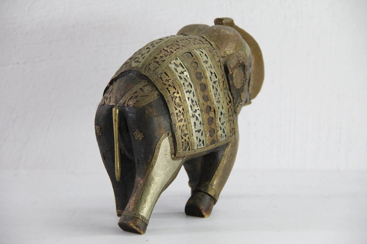Vintage Hand Carved Wooden Elephant | Figurine Copper-Brass - Debra Hall Lifestyle