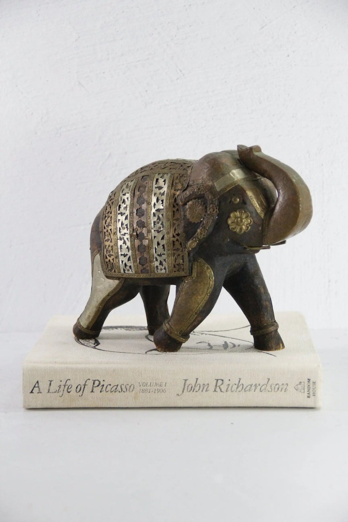 Vintage Hand Carved Wooden Elephant | Figurine Copper-Brass - Debra Hall Lifestyle