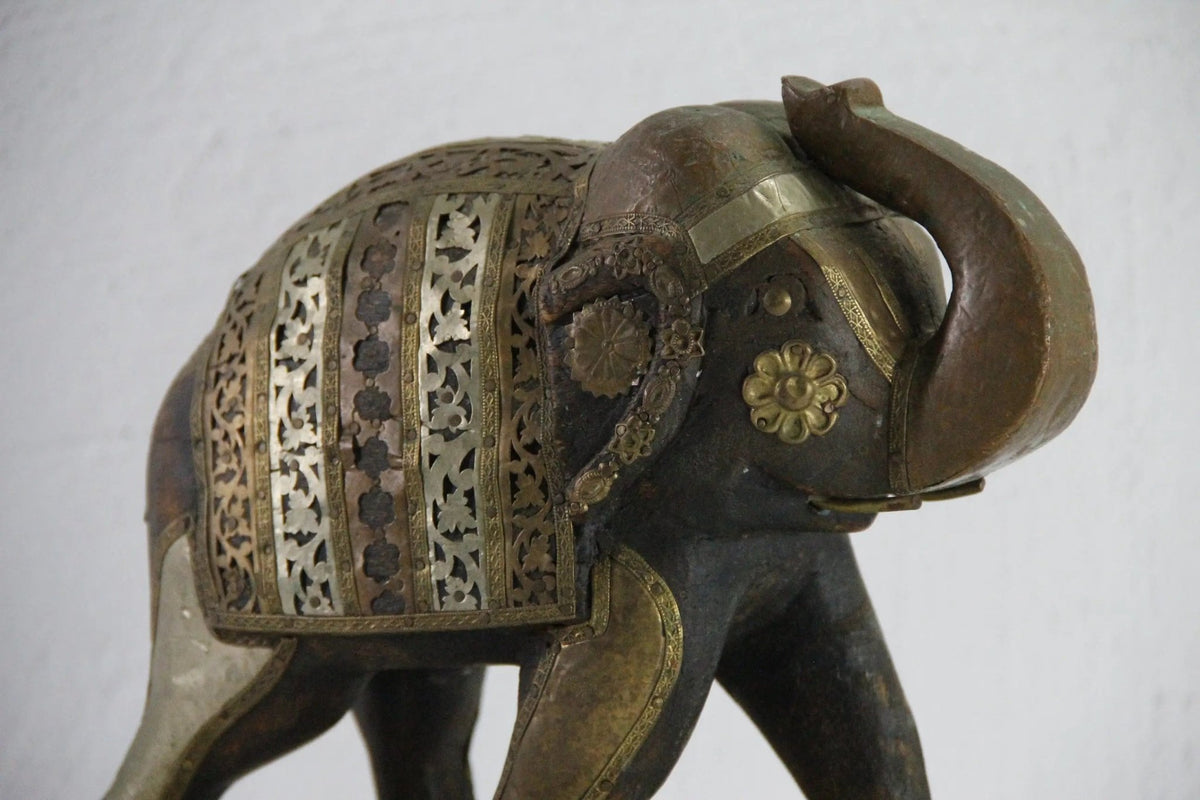 Vintage Hand Carved Wooden Elephant | Figurine Copper-Brass - Debra Hall Lifestyle