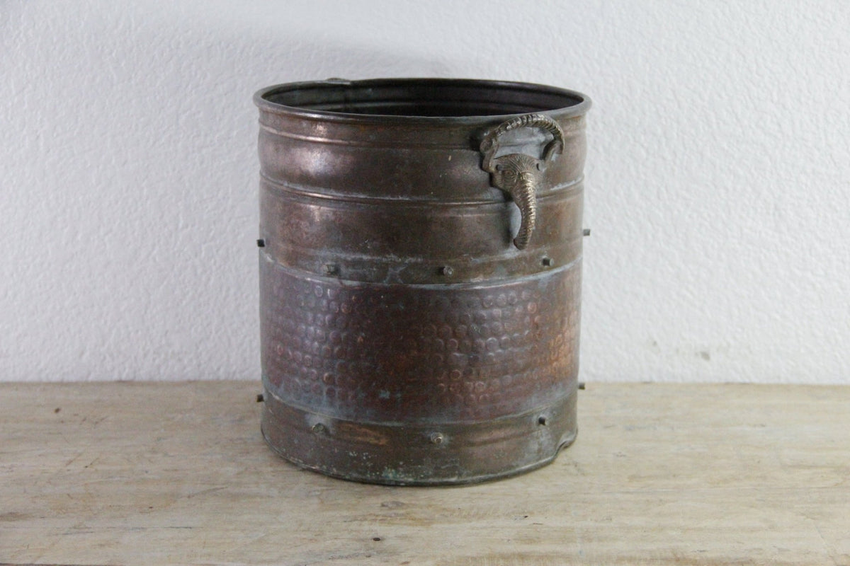 Vintage Indian Copper Bucket Elephant Handles Hammered Vessel - Debra Hall Lifestyle