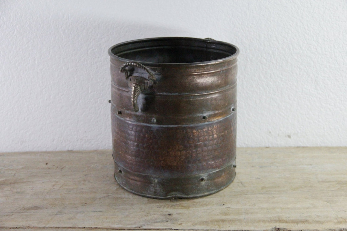 Vintage Indian Copper Bucket Elephant Handles Hammered Vessel - Debra Hall Lifestyle