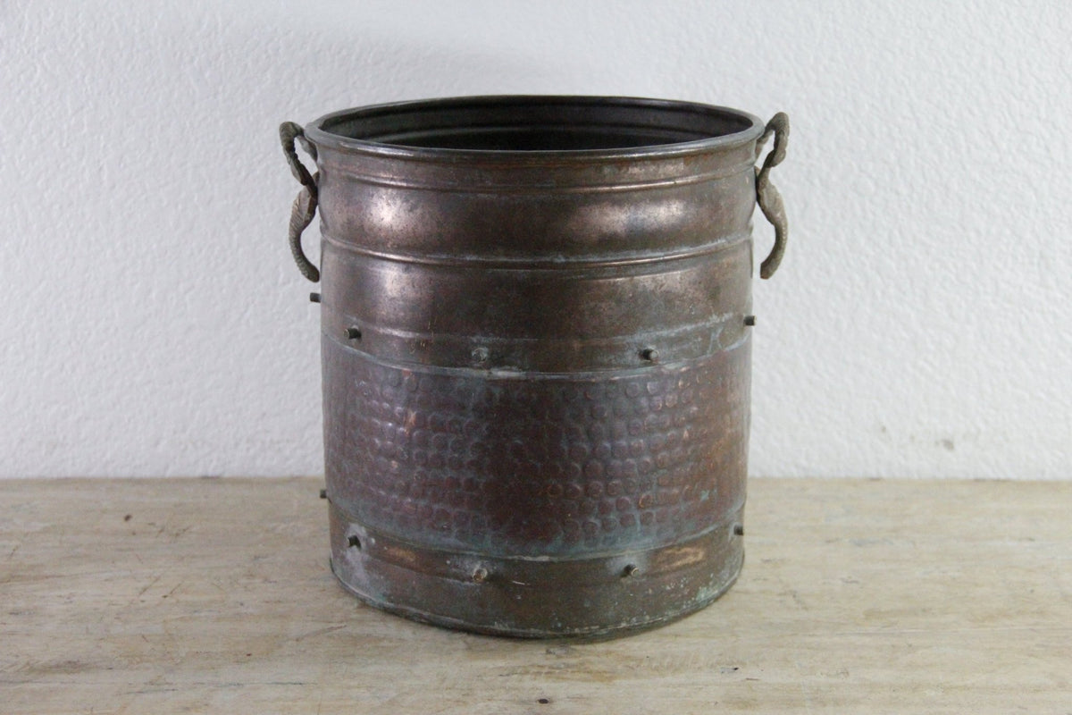 Vintage Indian Copper Bucket Elephant Handles Hammered Vessel - Debra Hall Lifestyle