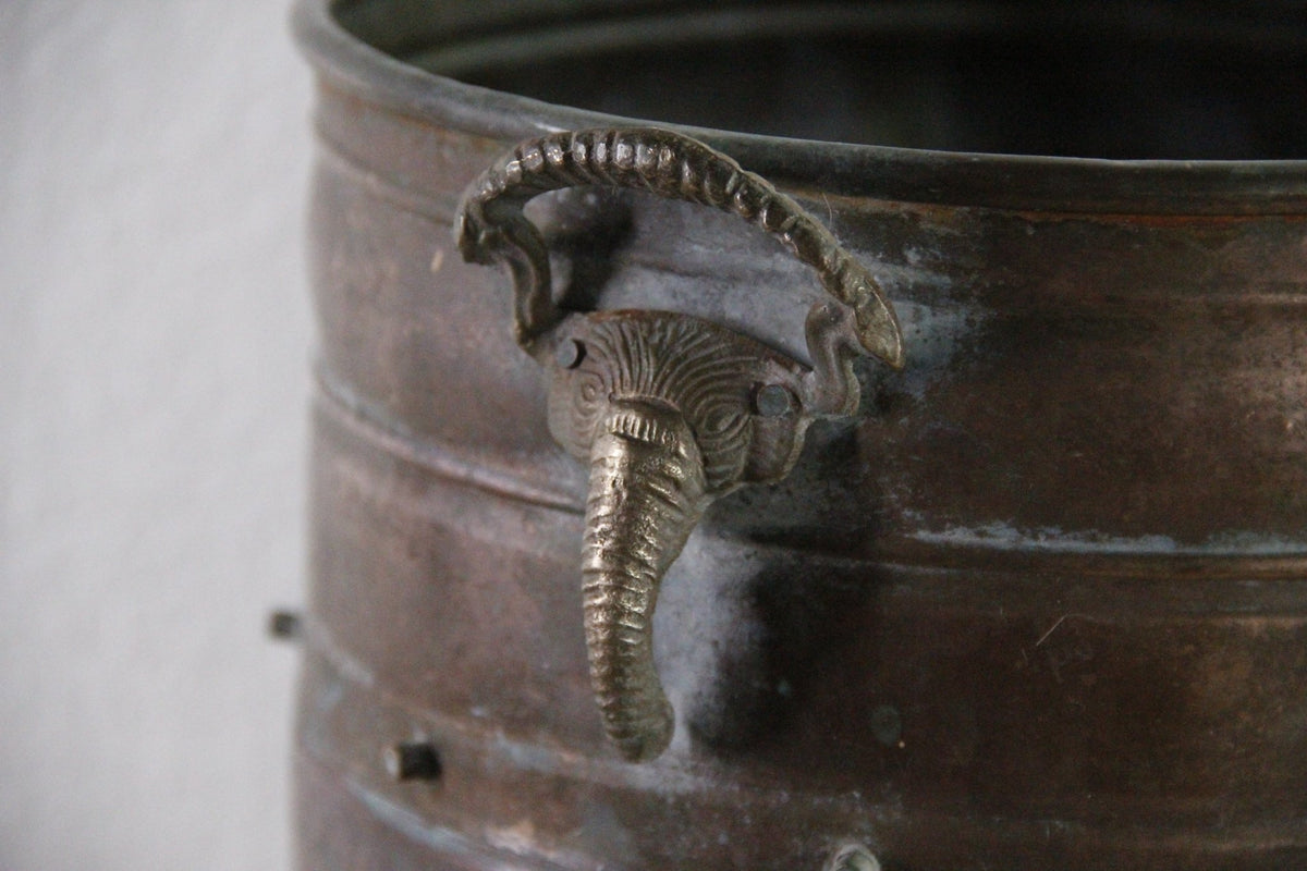 Vintage Indian Copper Bucket Elephant Handles Hammered Vessel - Debra Hall Lifestyle