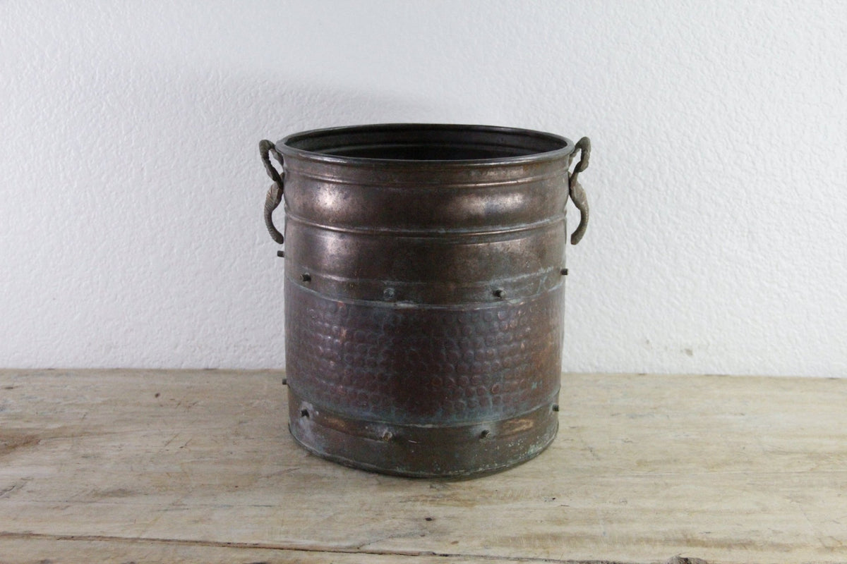 Vintage Indian Copper Bucket Elephant Handles Hammered Vessel - Debra Hall Lifestyle