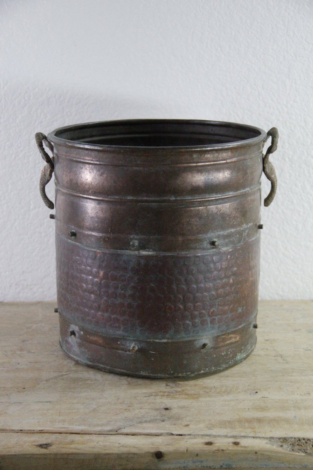 Vintage Indian Copper Bucket Elephant Handles Hammered Vessel - Debra Hall Lifestyle
