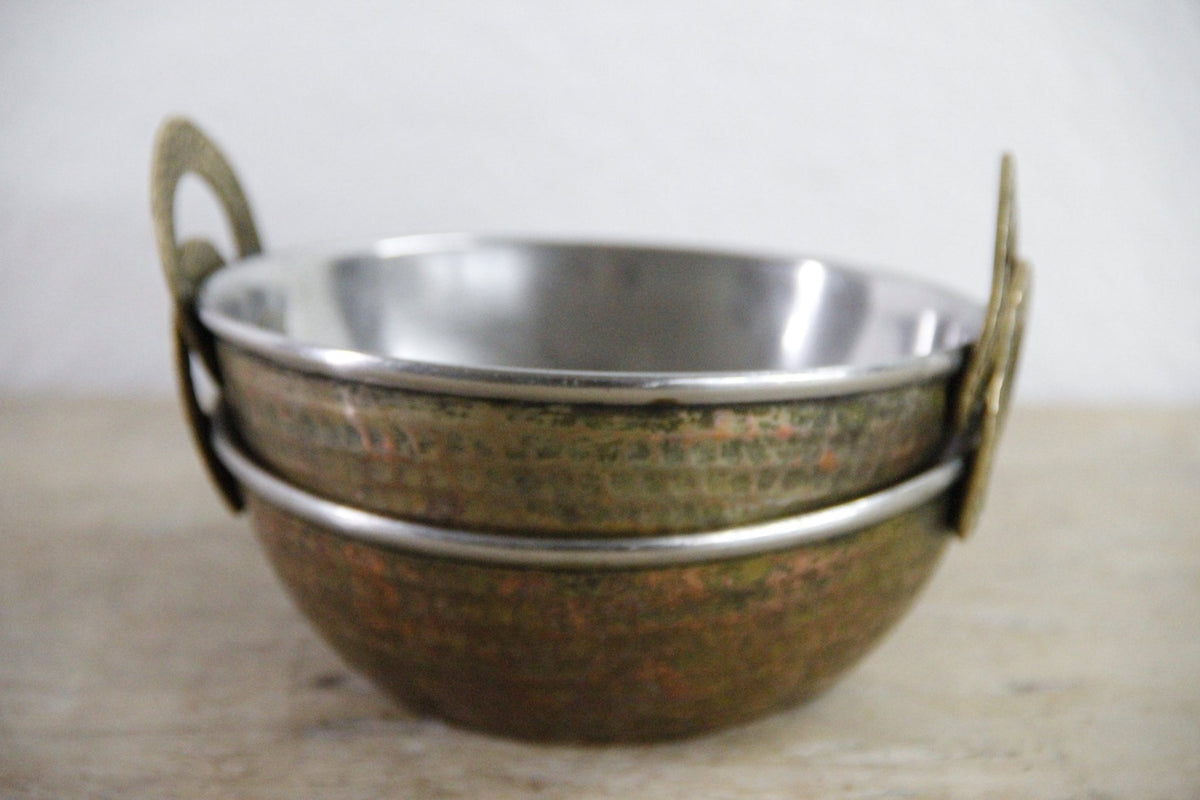 Vintage Indian Karahi Bowls Pair Hammered Copper Brass Handles - Debra Hall Lifestyle