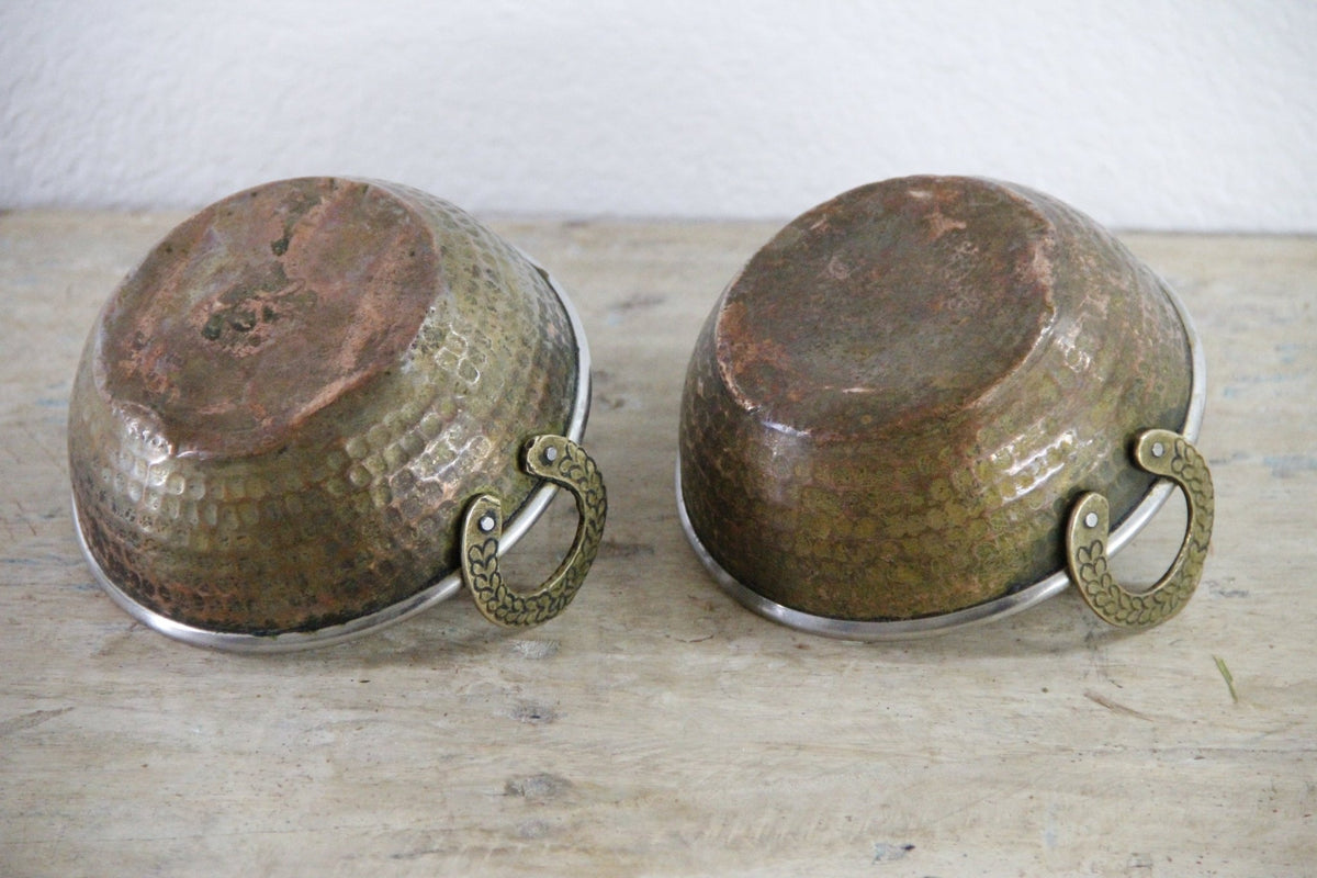 Vintage Indian Karahi Bowls Pair Hammered Copper Brass Handles - Debra Hall Lifestyle