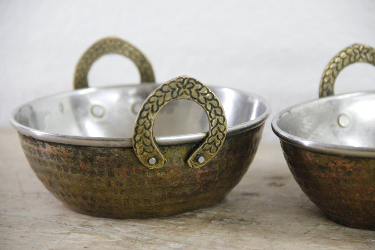 Vintage Indian Karahi Bowls Pair Hammered Copper Brass Handles - Debra Hall Lifestyle