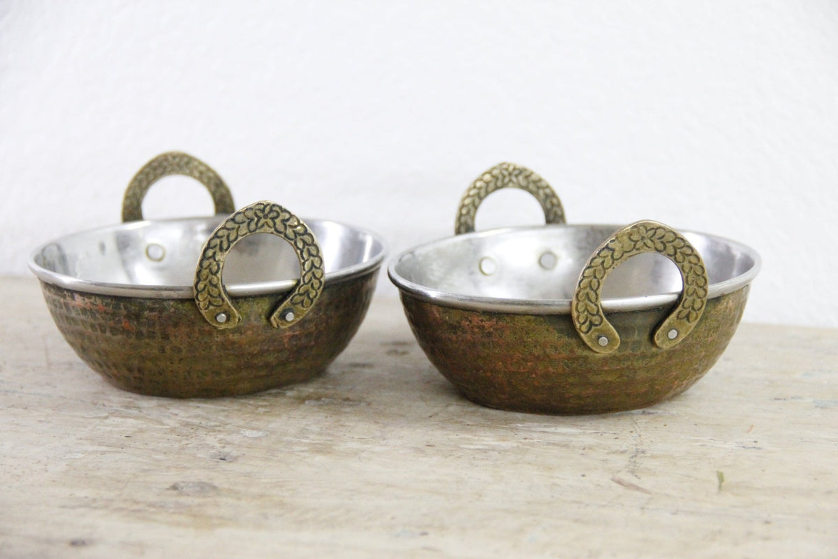 Vintage Indian Karahi Bowls Pair Hammered Copper Brass Handles - Debra Hall Lifestyle