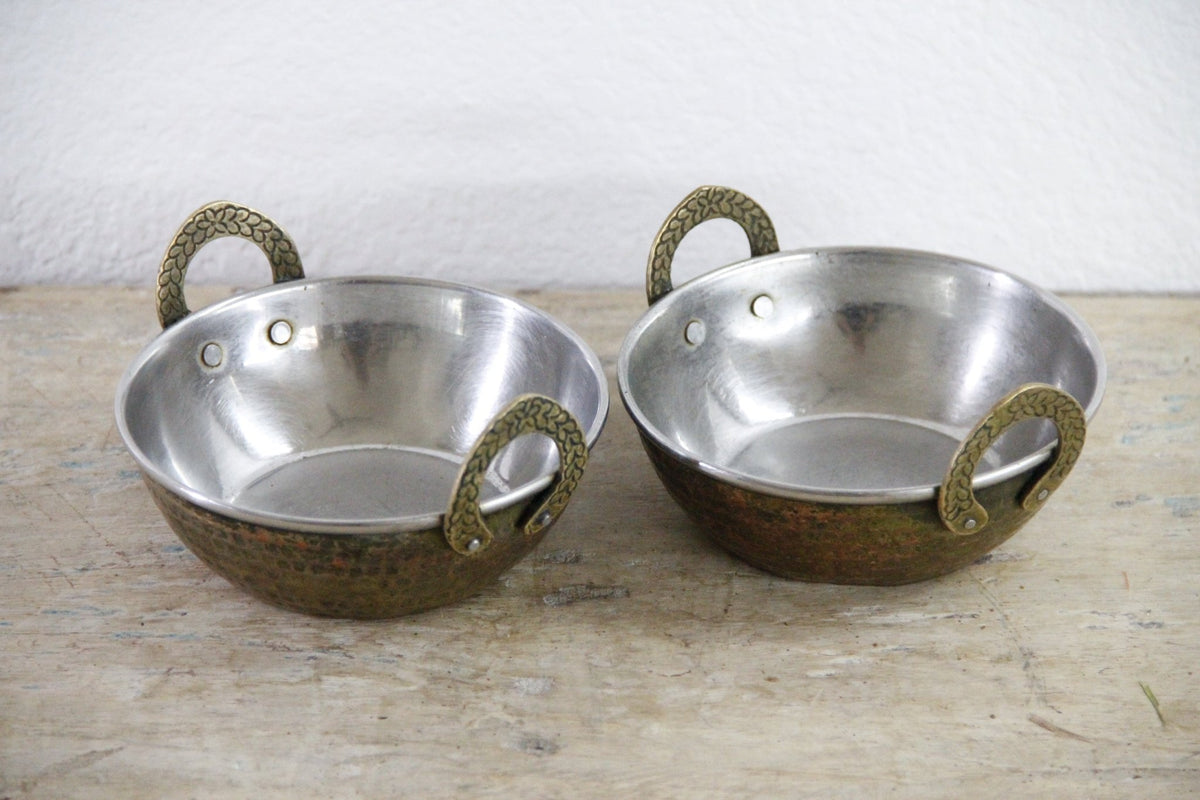 Vintage Indian Karahi Bowls Pair Hammered Copper Brass Handles - Debra Hall Lifestyle