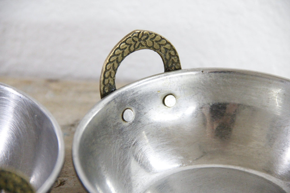 Vintage Indian Karahi Bowls Pair Hammered Copper Brass Handles - Debra Hall Lifestyle