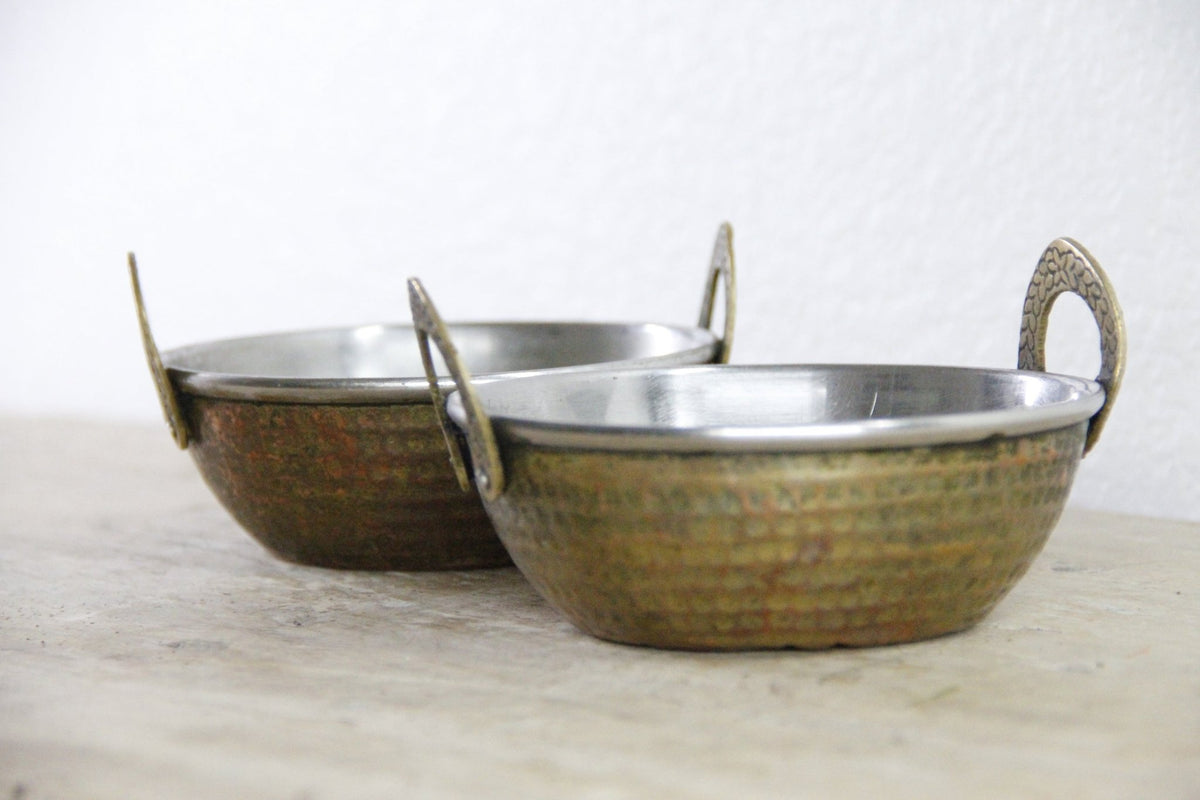 Vintage Indian Karahi Bowls Pair Hammered Copper Brass Handles - Debra Hall Lifestyle