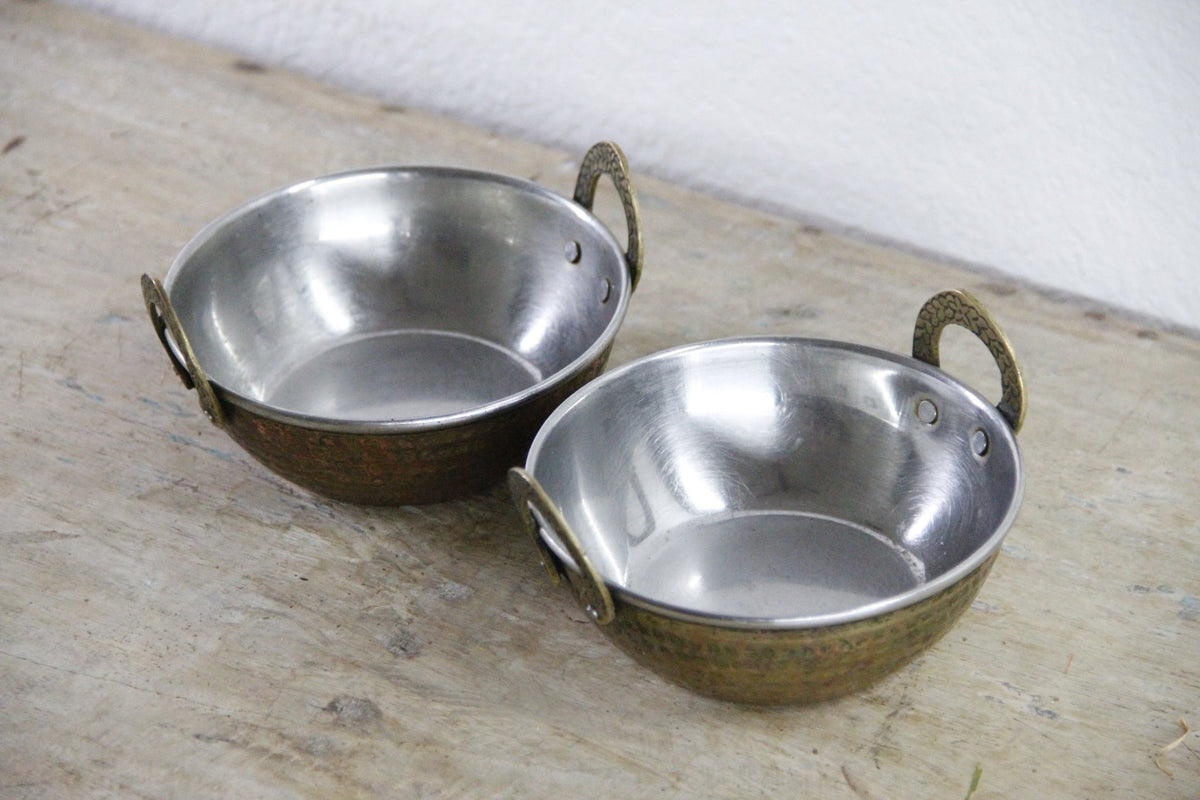 Vintage Indian Karahi Bowls Pair Hammered Copper Brass Handles - Debra Hall Lifestyle