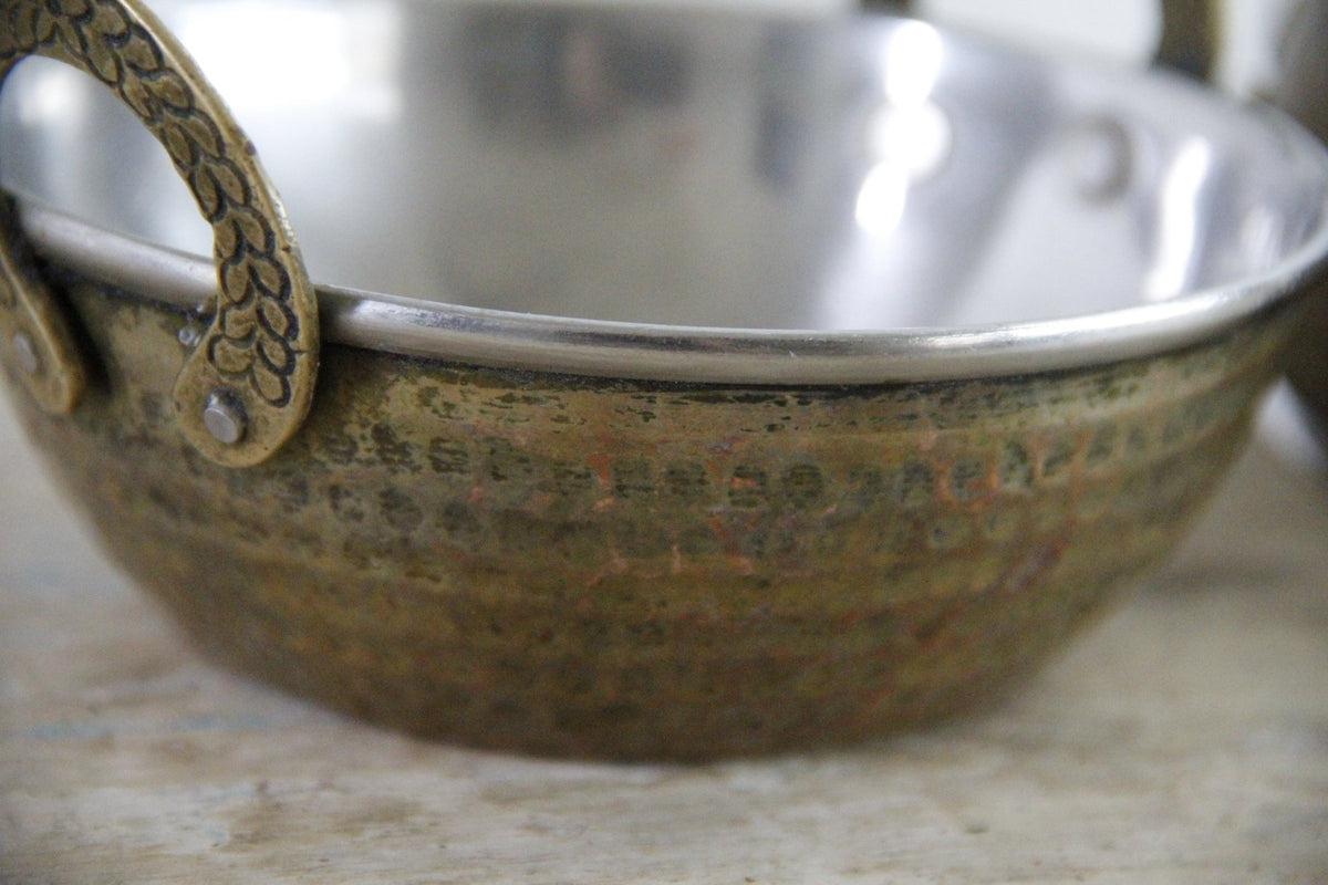 Vintage Indian Karahi Bowls Pair Hammered Copper Brass Handles - Debra Hall Lifestyle