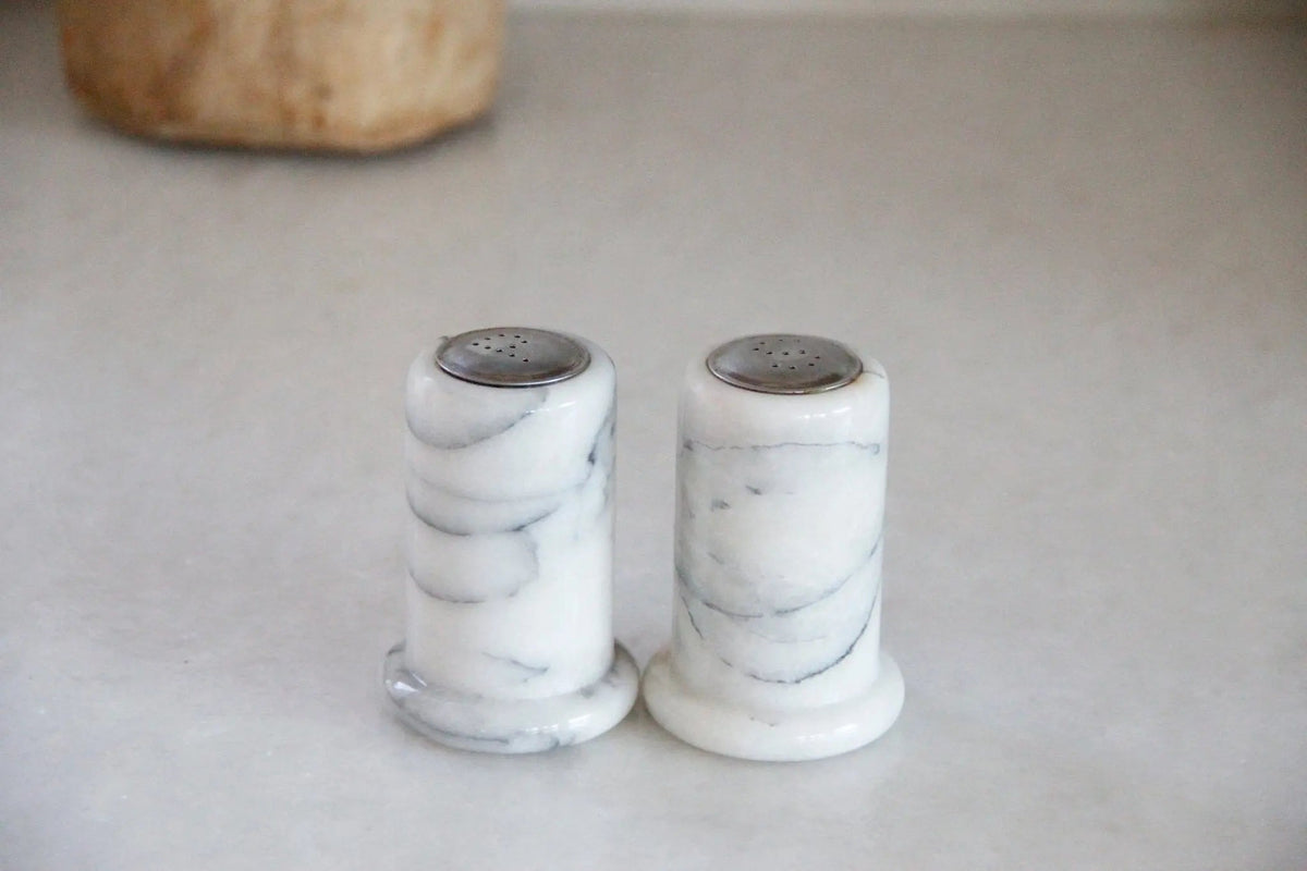 Vintage Marble Salt and Pepper Shakers | White Carrara Tableware - Debra Hall Lifestyle