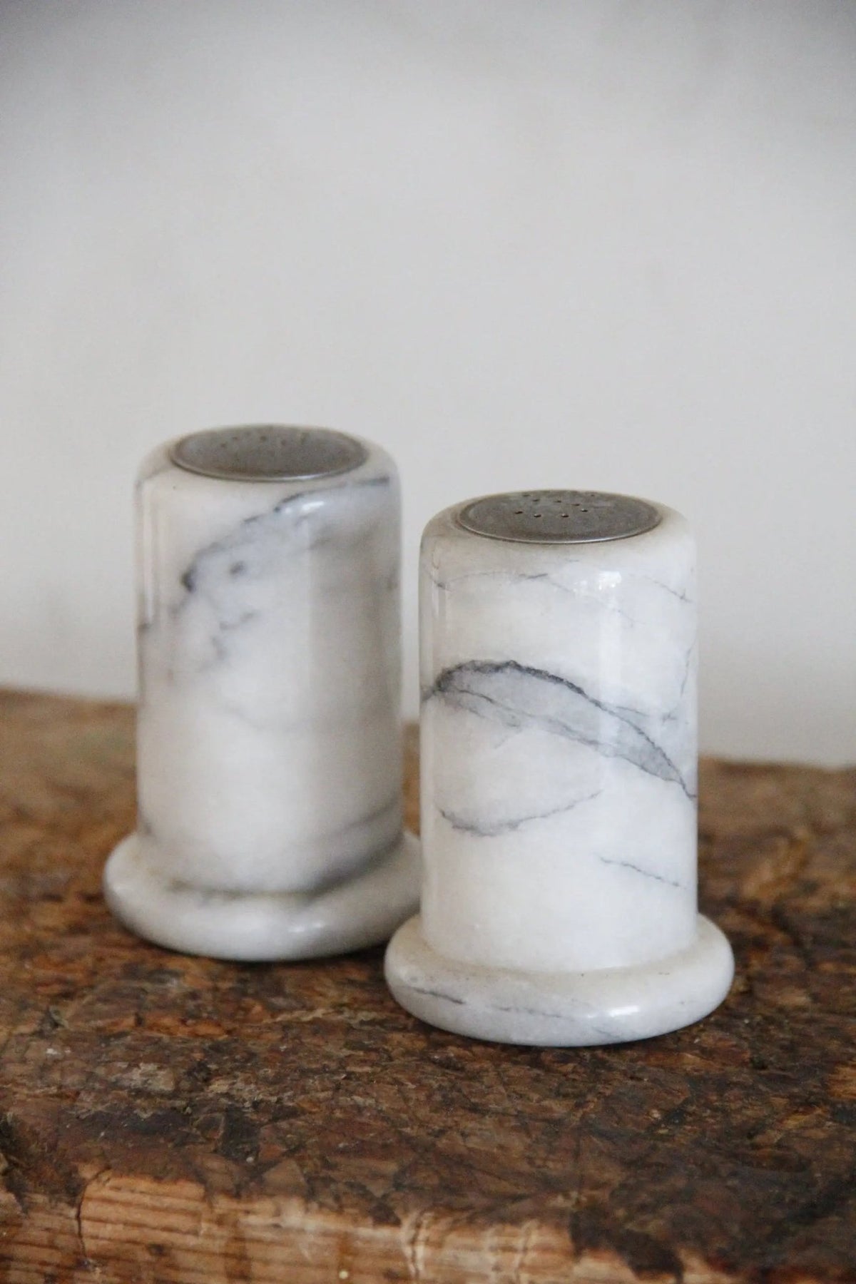 Vintage Marble Salt and Pepper Shakers | White Carrara Tableware - Debra Hall Lifestyle