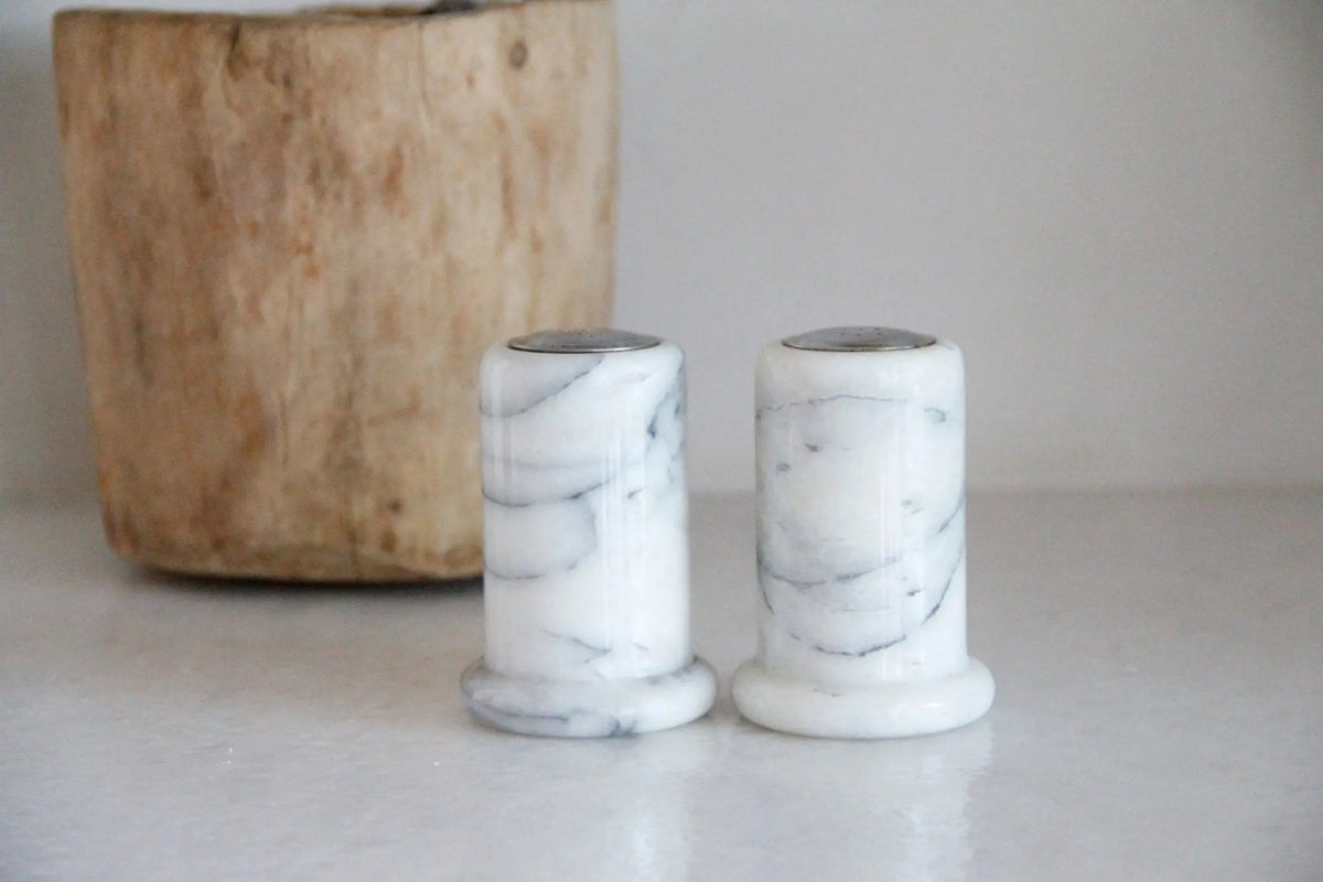 Vintage Marble Salt and Pepper Shakers | White Carrara Tableware - Debra Hall Lifestyle