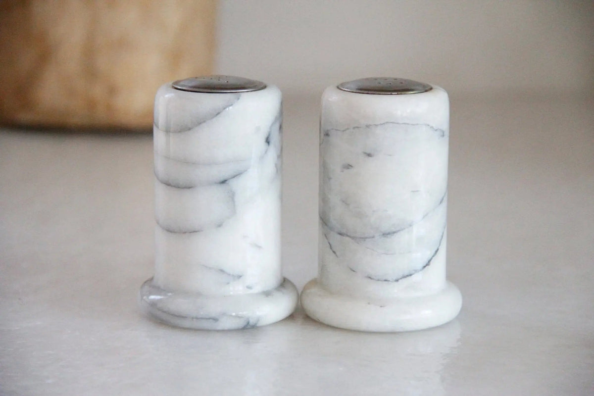 Vintage Marble Salt and Pepper Shakers | White Carrara Tableware - Debra Hall Lifestyle