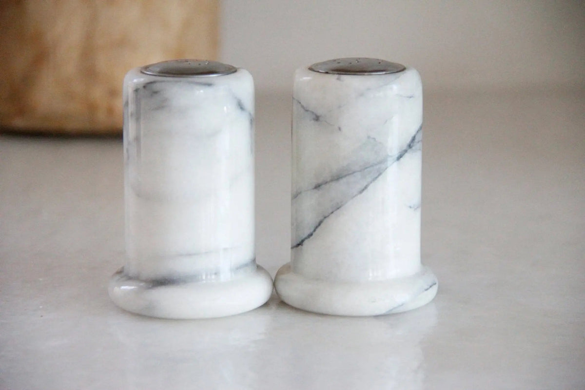 Vintage Marble Salt and Pepper Shakers | White Carrara Tableware - Debra Hall Lifestyle